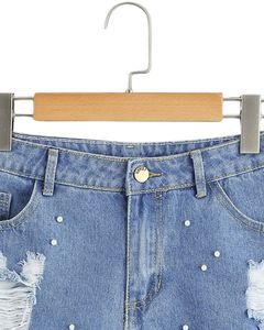 Shorts de Mezclilla Azul con Detalle de Perlas y Dobladillo con Volantes Blancos, Cintura Alta, Estilo Desgastado, Pantalones Cortos de Verano para Mujer - Product Image 4