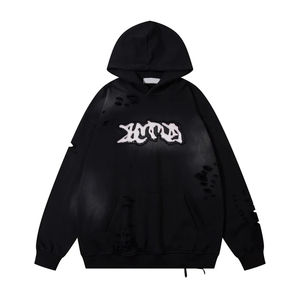 Sweat à capuche personnalisé avec fermeture éclair, broderie vintage, patchwork, appliqué lourd, effet délavé à l'acide, pierre - Product Image 1