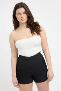 Women Mid Waist Organic Cotton Shorts Pockets Solid Black Casual Style Regular Fit <b>Elastic</b> Waist Woven Fabric Eco-Friendly - Product Image 4