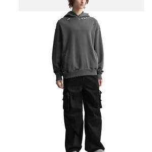 En vrac 100% coton lavé à l'acide hommes sweats à capuche à la mode en détresse imprimé motif tricoté vêtements de travail basiques grande taille - Product Image 5