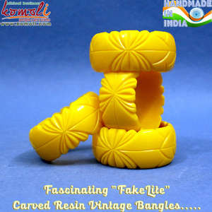 Yellow Carved Resin <b>Bangle</b> <b>Bracelet</b> Retro Vintage Style Handmade Jewelry Ideal for Everyday Wear or Special Occasions - Product Image 5