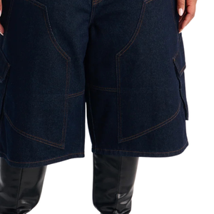 <b>Womens</b> Dark Blue Denim <b>Cargo</b> <b>Shorts</b> Regular Fit Knee Length Utility Pocket Casual Streetwear Summer Fashion Bermuda Washed Woven - Product Image 6