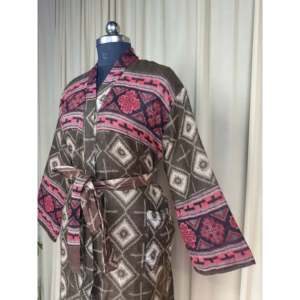 Yak Wool Blend Women's Cozy Winter Diamond Print <b>Cardigan</b> Brown Loungewear Pockets Quirky Romance <b>Kimono</b> Robe ODM Woven Fabric - Product Image 6