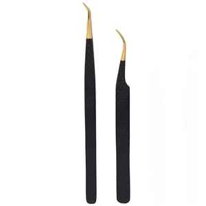 Pinces à épiler professionnelles de haute précision en acier inoxydable noir et or, extensibles, antistatiques, avec embouts en fibre - Product Image 5