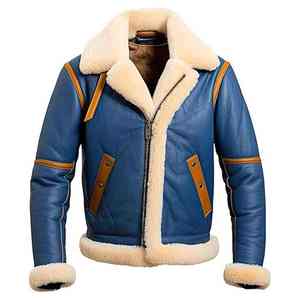 Veste bomber en cuir d'agneau de haute qualité, col en fausse fourrure sherpa grise véritable, élégante, aviateur, pilote, hiver - Product Image 1