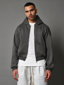 Sweat-shirts à capuche épais et surdimensionnés gris foncé pour hommes, logo personnalisé, épaules tombantes, double fermeture éclair, 100% coton, hiver, pas cher, en gros - Product Image 6