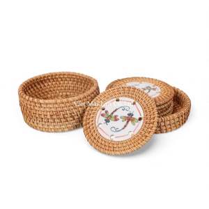 Classic Natural Rattan Coaster <b>Set</b> With Tray For <b>Beverage</b> <b>Serving</b> And Decorative Table Organization - Product Image 1