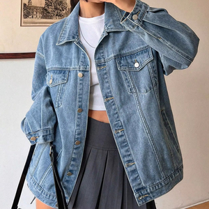 แจ็กเก็ตยีนส์สีน้ำเงินของผู้หญิงแจ็กเก็ตแฟชั่นลำลองทรงหลวมสำหรับหญิงสาวออกแบบได้ตามต้องการ - Product Image 1