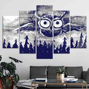 Tableau sur toile Hibou bleu marine : Paysage de pinèdes, impression moderne, lot de 5 toiles assorties - Product Image 1