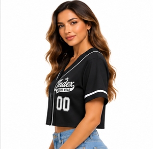 Women's <b>Black</b> V-Neck <b>Short</b> <b>Sleeve</b> Baseball Jersey <b>Cropped</b> Button Down <b>Top</b> Letter Number Print Summer - Product Image 2