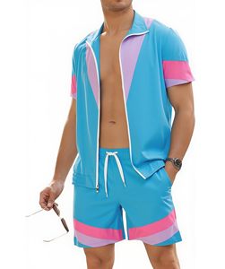 Ensemble de survêtement unisexe à capuche, couleur unie, blocs de couleur, veste à manches courtes avec cordon de serrage, short, séchage rapide, léger, tenue décontractée d'été - Product Image 1