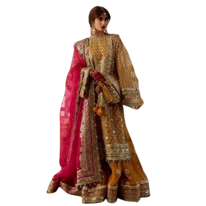 knee length dresses for ladies Multi-Color Mehndi Dress in Traditional Pishwas Style Online – Nameera by  Farooq main image 0