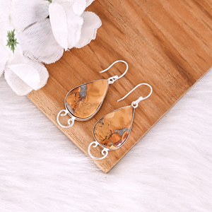 Boucles d'oreilles pendantes en pierre de jaspe Malinga en laiton de style bohème pour femmes, cadeau tendance pour les mariages, les fiançailles, les fêtes, les anniversaires - Product Image 3
