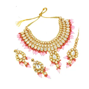 Ensemble de bijoux de mariée élégant en Kundan rose pour femmes et filles, style vintage, collier et boucles d'oreilles plaqués or pour mariage et cadeau - Product Image 5