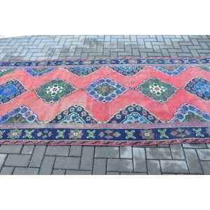 Turkish <b>Runner</b> Rug 4.1x10.6 ft (126x323 cm), Vintage <b>Red</b> Floral Wool Rug - Product Image 3