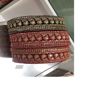 Custom Made Floral Design Machine Embroidered with Sequins Embroidery <b>Black</b> & Maroon Coloured <b>Ribbon</b> & Laces for Wedding Dresses - Product Image 1