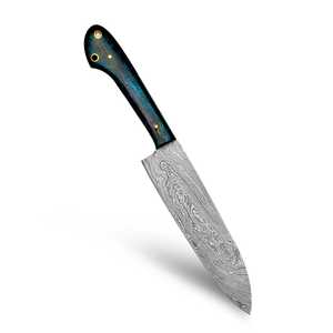 Cuchillo de Chef de cocina de acero de Damasco hecho a mano de 7 pulgadas, cuchillo Santoku japonés con cómodo mango de madera azul - Product Image 1