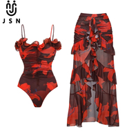 JSN 2026 Maillot de bain une pièce personnalisé pour femme, imprimé, à volants, coupe haute, avec cache-maillot de plage, sexy, dos nu, vêtements de plage pour femme