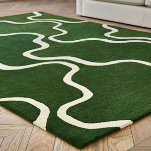 Tapis de luxe en laine fait main motif de lignes ondulées abstraites vert ivoire tapis de designer moderne tufté à la main - Product Image 3