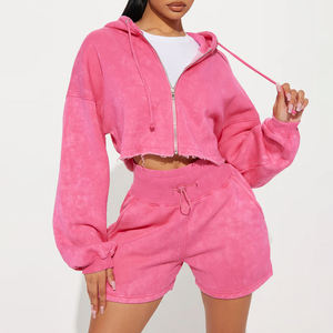 Custom Plus Size Casual <b>Zip</b>-<b>Up</b> Acid Wash Solid Cropped <b>Hoodie</b> and Shorts Set-Eco-Friendly <b>Women's</b> Two-Piece Winter Wear - Product Image 2