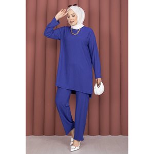 Conjunto de Dos Piezas Azul Marino de Tela Acanalada con Abertura Lateral, Pantalones Tipo Túnica, Cuello con Capucha, Corte Acampanado, Uso Diario, Holgado, Corto, para Invierno/Verano - Product Image 1