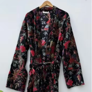 Kimono de terciopelo de algodón, albornoz largo, ropa de dormir suave, con botones de bolsillo, albornoz de terciopelo con estampado de pájaros - Product Image 1