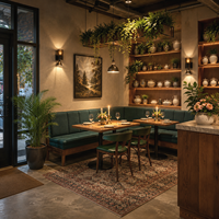 Ensemble de mobilier de restaurant moderne en cuir vert en forme de L, table et chaises, banquette d'angle sectionnelle pour café