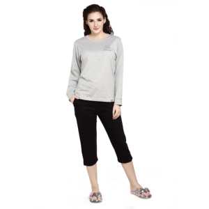 Conjunto Capri de Manga Larga para Mujer Evolove, Cuello Redondo Gris con Estampado Evolove, Pijama de Punto Suave - Product Image 4