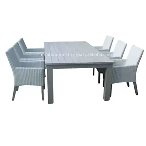 Rustic Lapuk Abu-abu Sintetis Bahan Rotan Makan 6 Kursi dan Meja Kayu Jati Persegi Outdoor Patio Furniture