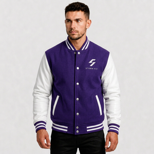 Custom Unisex <b>Purple</b> White <b>Varsity</b> <b>Jacket</b> Preppy Style Wool Cotton Regular Fit Stand Collar Breathable Eco-Friendly Winter - Product Image 1