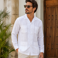 Chemises pour hommes en lin personnalisées, 100% lin, col cubain, plissées, quatre poches, manches longues, chemise Guayabera pour hommes