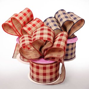 Floral Gingham Burlap <b>Ribbon</b> Satin Polyester Wired for Decoration for Birthday Halloween Wedding Christmas Hanukkah Easter - Product Image 3