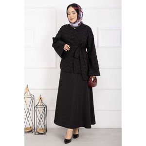 Conjunto de Falda y Blazer para Mujer, de Tweed Negro con Textura Repujada, Manga Larga, con Cinturón, Incluye Blazer y Shorts, Conjunto de 2 Piezas - Product Image 4