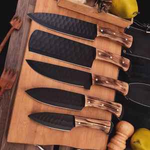 High Quality <b>Steel</b> Kitchen Knife Set Custom Handmade Black Powder <b>Coated</b> <b>Steel</b> Fixed Blade Kitchen Chef Leather Cover Sheath Bag - Product Image 5