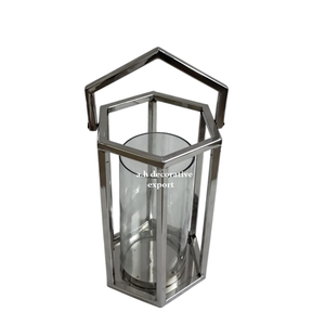 Farol Moderno Hexagonal de Metal Cromado con Cilindro de Vidrio, Decoración para el Hogar, Personalizable, Ecológico, de Acero Inoxidable para Velas de Té - Product Image 1