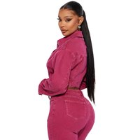 Chaquetas Cortas de Mezclilla Rosa para Mujer, Tejidas a Crochet, con Cuello Camisero, Cierre de un Solo Botón, Forro de Algodón Impermeable, Bolsillo 3D