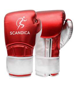 Guantes de boxeo rojos y plateados de primera calidad hechos de cuero sintético duradero que ofrece protección de comodidad y un rendimiento potente - Product Image 4