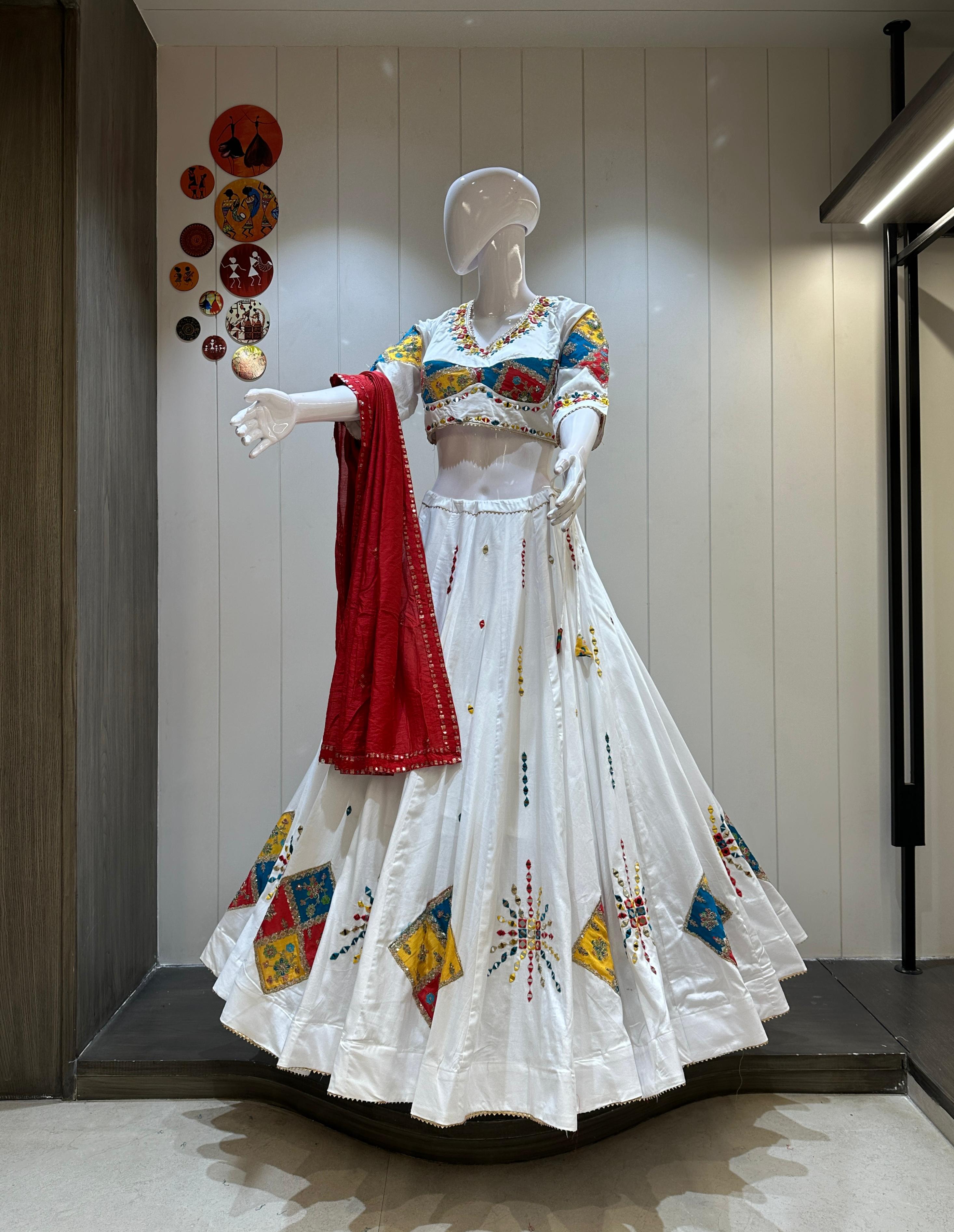 Ghagra Choli Traditional Dress Navratri White Gujarati Gamthi Hand Embroidered Cotton Indian Traditional Ghagra Choli Traditional Dress Navratri White Gujarati Gamthi Hand Embroidered Cotton Indian Traditional