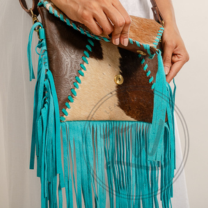 Sac à main en cuir de vachette véritable à poignée unique avec franges sculptées Sac à bandoulière bohème portable Chaînes Décoration Hiver - Product Image 4