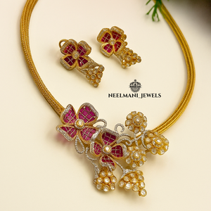 Flower Design Kanthi Necklace Set with <b>Ruby</b> Earrings for Weddings - Product Image 3