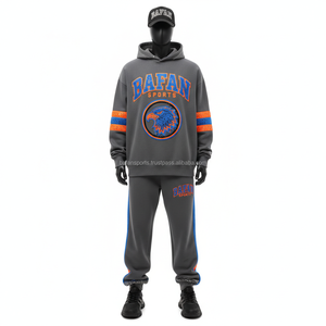 Premium 320 GSM tela de lana suave transpirable gris con diseño azul naranja logotipo personalizado bordado impresión hombres chándal - Product Image 1