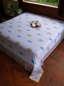 Hand Block Printed Cotton Bedsheet | White Floral & Paisley Motif Bed Sheet with Border | Indian Handmade Bedding for Wholesale - Product Image 2
