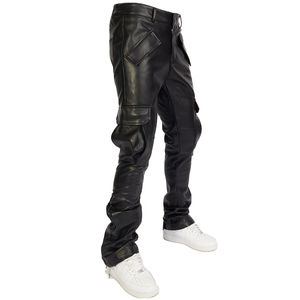 Pantalons pour hommes de haute qualité droit incurvé rayé en cuir personnalisé coupe ajustée mince Streetwear pantalons évasés pour hommes pantalons de survêtement - Product Image 1
