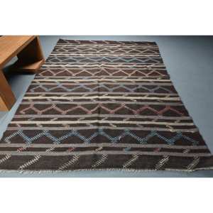 Alfombra de lana étnica marrón de 6,7x9,8 pies, diseño de retazos turcos con respaldo de látex - Product Image 1