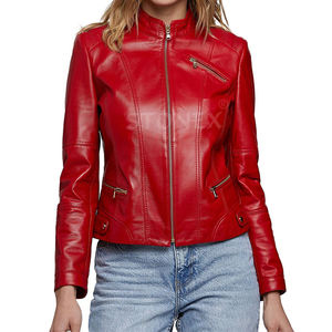 Rouge en cuir véritable adulte femmes dernière conception vestes à glissière en gros meilleure vente de haute qualité grande taille personnalisée - Product Image 1