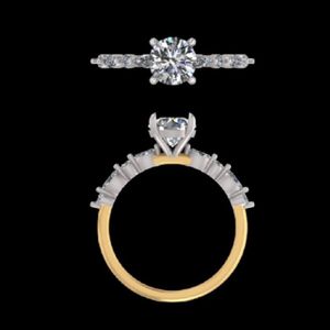 Anillo de Compromiso con Diamante Redondo Brillante en Oro Amarillo de 14k y 18k con Acentos de Piedras Laterales en Forma de Pera y Banda de Diamantes Festoneada - Product Image 2