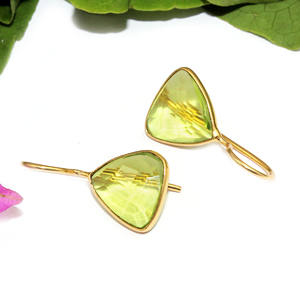 Beautiful Trendy Checker Cut <b>Peridot</b> Hydro Quartz Trillion Shape 24k <b>Gold</b> Plated Bezel <b>Earring</b> Brass Wholesale for Women Girls - Product Image 2