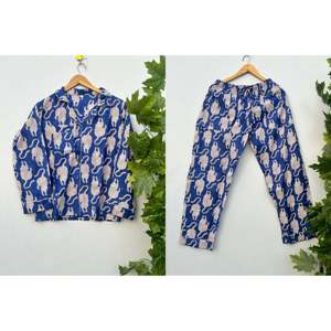 Women's Blue Animal Print Cotton Pajama Set Long Sleeve Turn-<b>Down</b> Collar Drawstring <b>Pants</b> Soft Woven Casual Sleepwear - Product Image 1