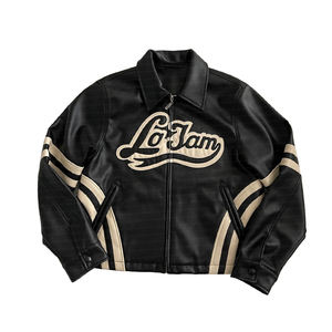 Chaquetas de cuero PU a prueba de viento con cuello levantado y capucha Retro Vintage High Street con logotipo bordado con cremallera a la moda personalizada para hombres - Product Image 1