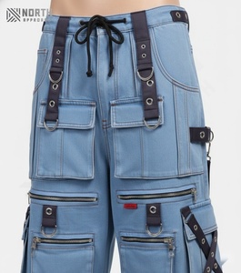 กางเกงวอร์มทรงหลวมสไตล์ฮิปฮอป รุ่นปี 2025 แบบยูนิเซ็กซ์ สีพื้น แต่งซิปและโซ่ สายไขว้  สำหรับผู้ชายและผู้หญิง - Product Image 4